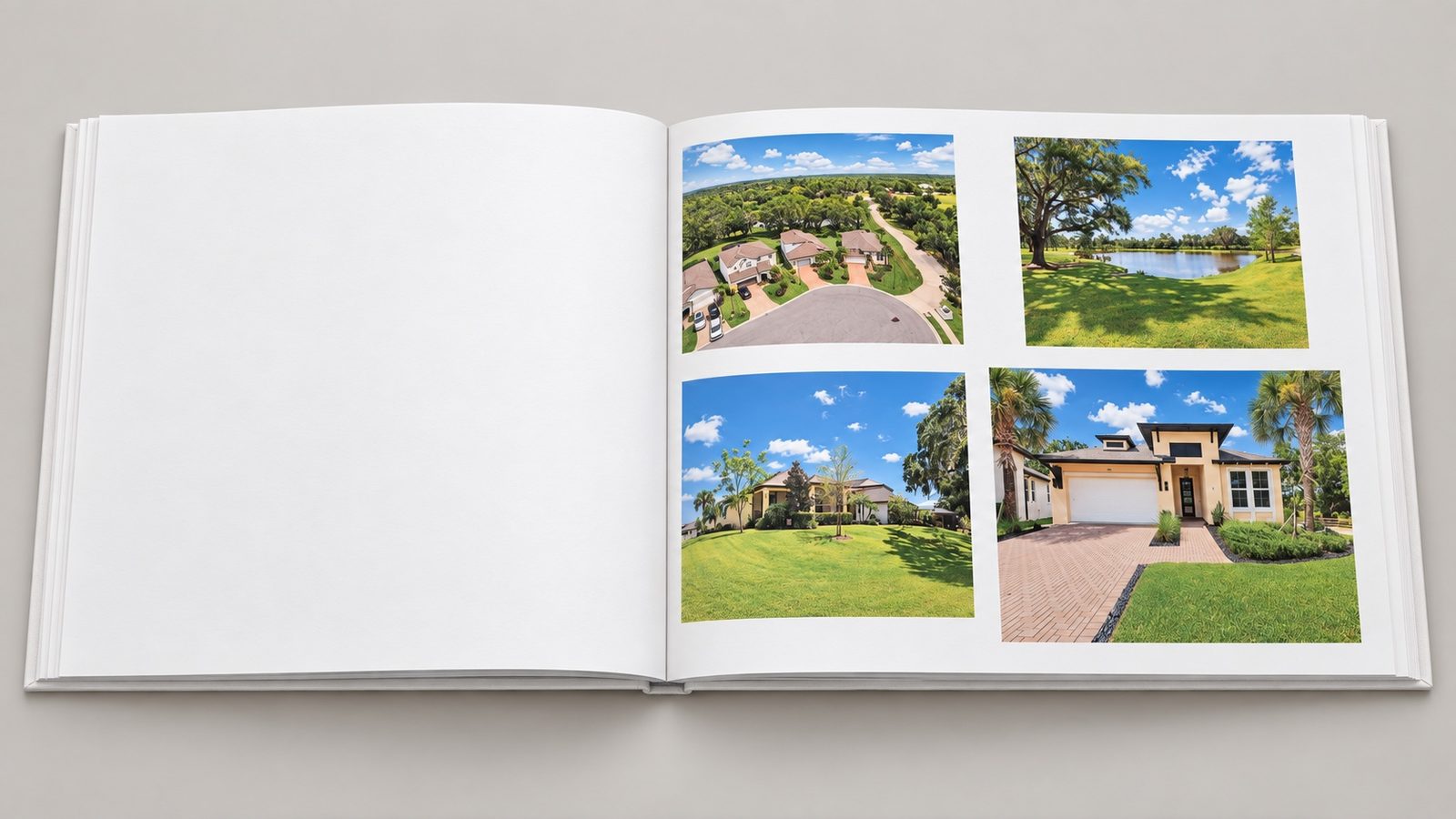 Outdoor living spread in a listing photo book