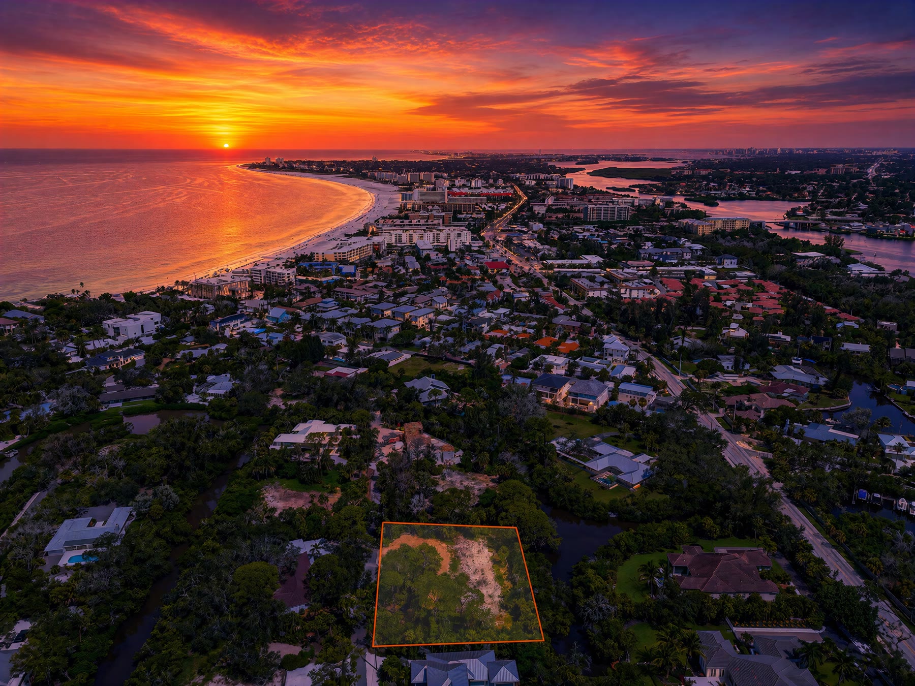The same lot at sunset with the parcel outlined