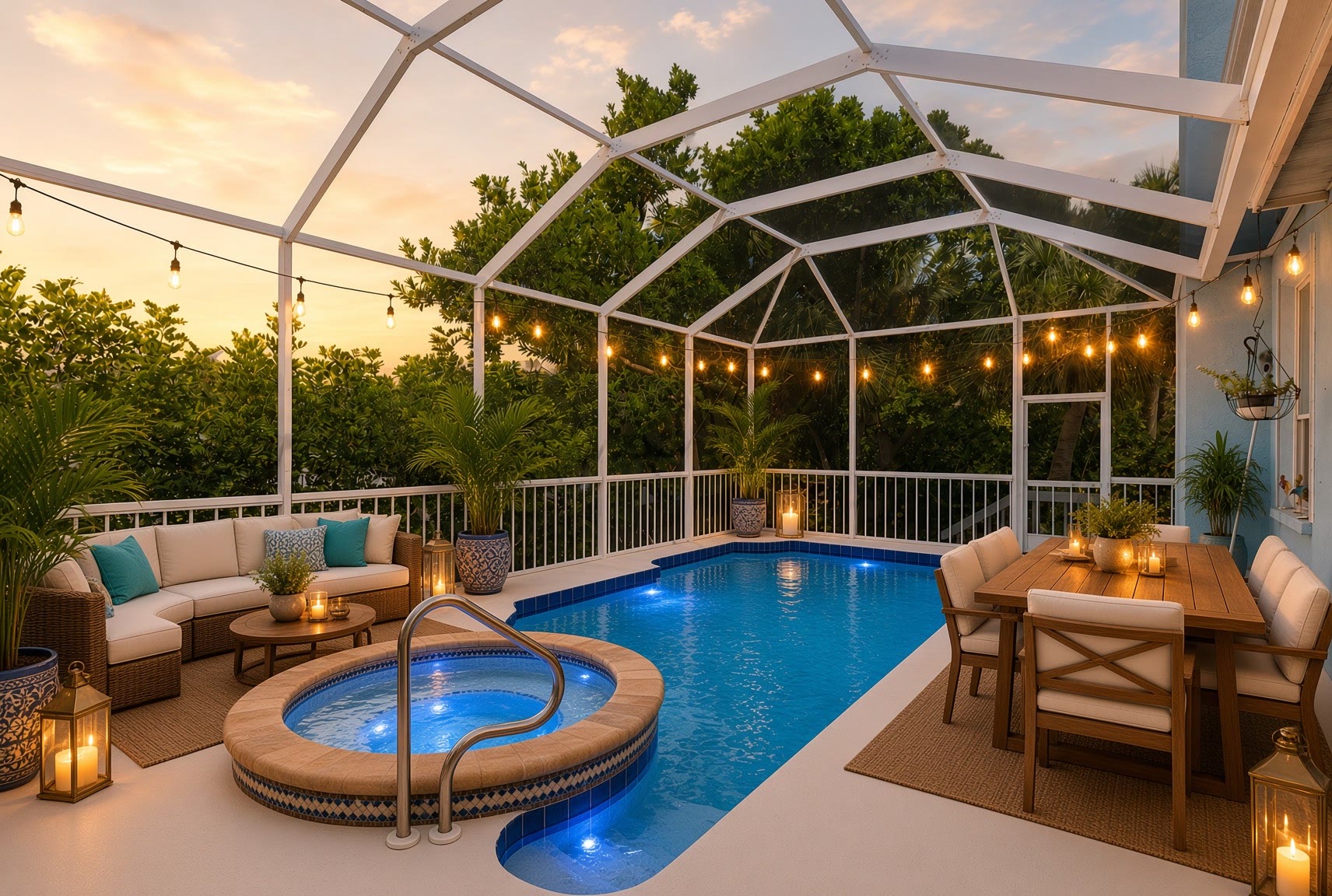 The same lanai at twilight, staged with dining, lounge, and string lights